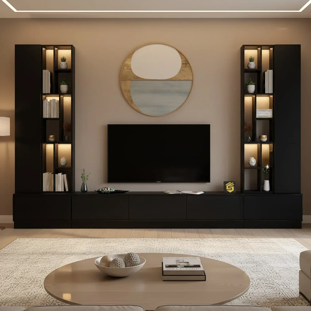 وحدة تلفاز فاخرة باللون الأسود مع اضاءة