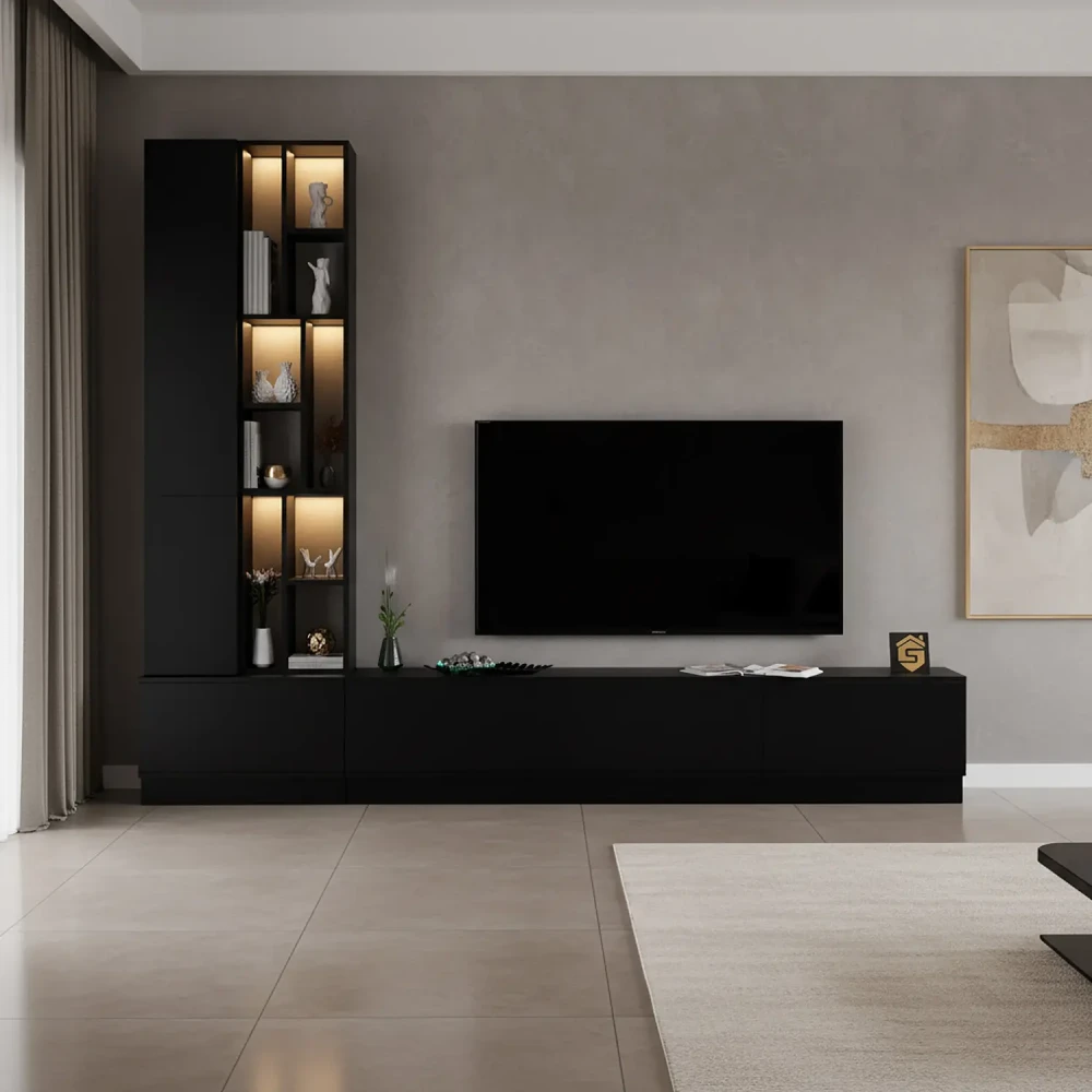 وحدة تلفاز فاخرة باللون الأسود مع اضاءة