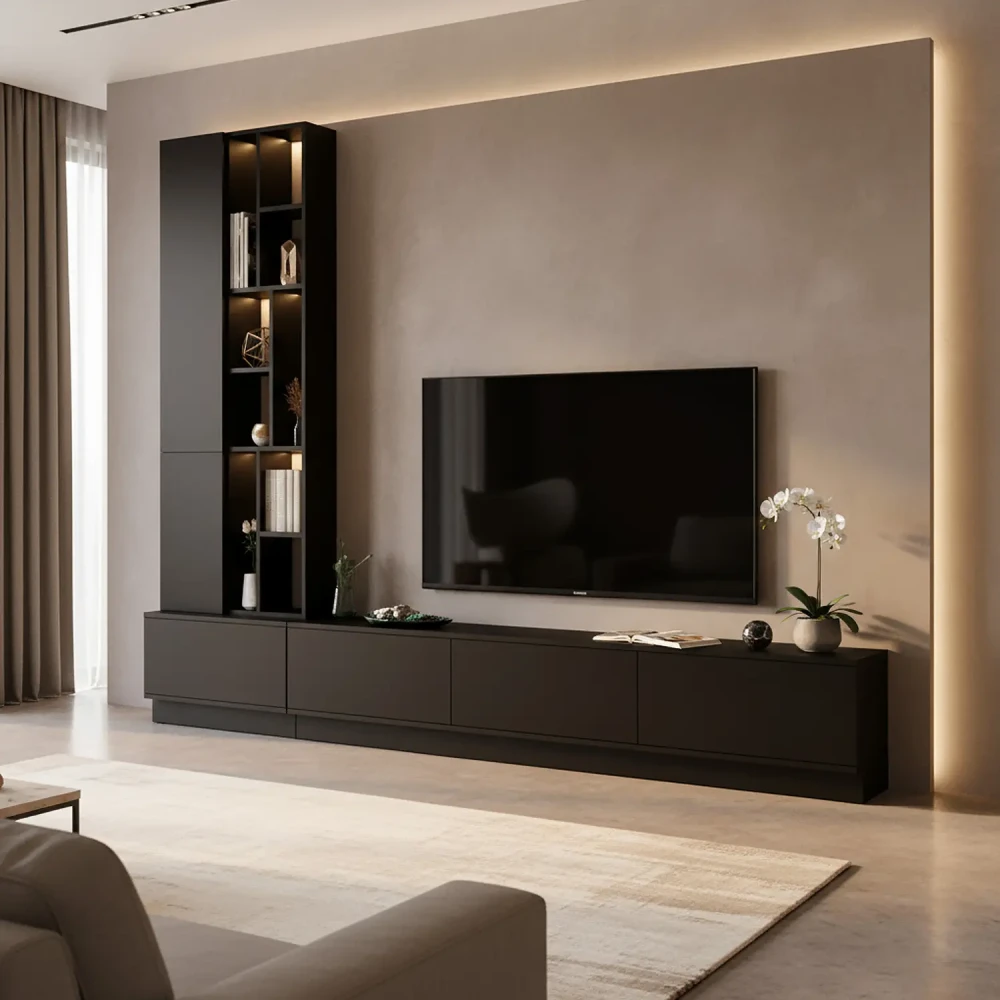 وحدة تلفاز فاخرة باللون الأسود مع اضاءة