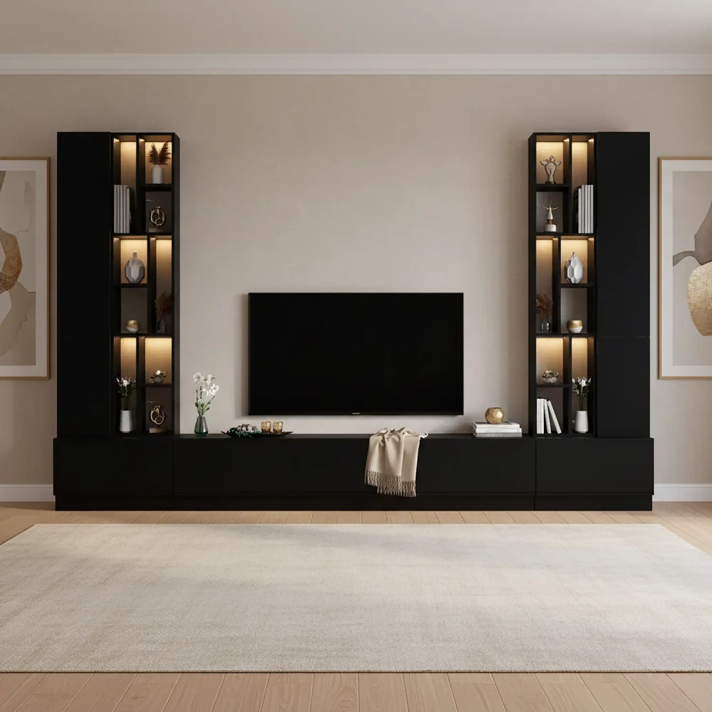 وحدة تلفاز فاخرة باللون الأسود مع اضاءة