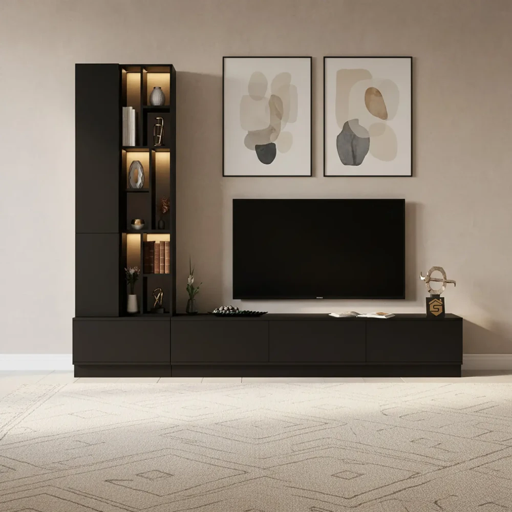 وحدة تلفاز فاخرة باللون الأسود مع اضاءة
