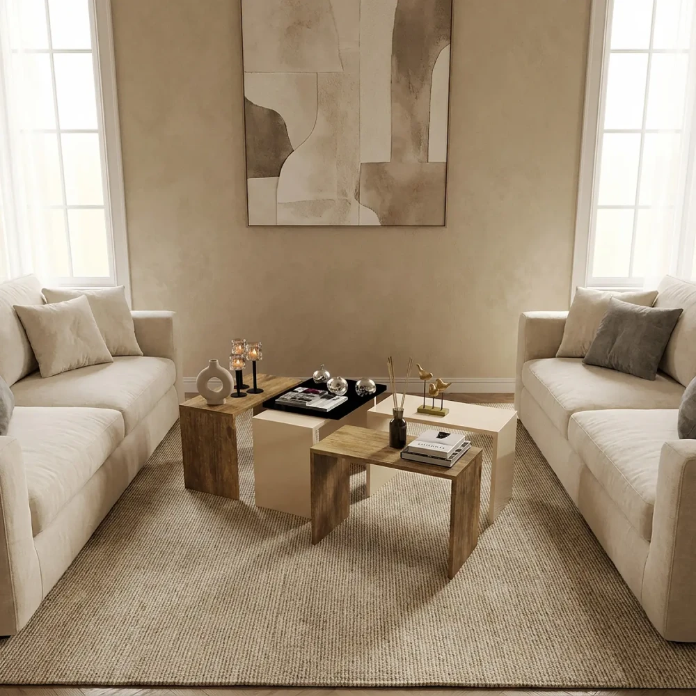 طاولة قهوة 4 قطع بيج مع خشبي 0235