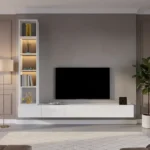 مكتبة تلفزيون جدارية مودرن بإضاءة جانبية لون ابيض