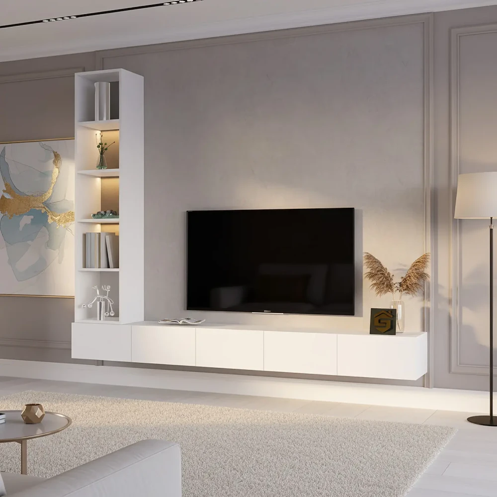 مكتبة تلفزيون جدارية مودرن بإضاءة جانبية لون ابيض
