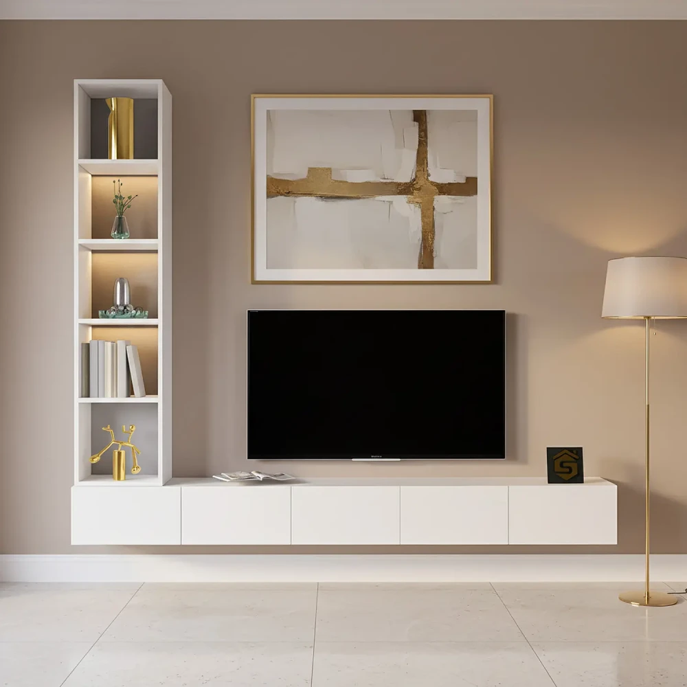 مكتبة تلفزيون جدارية مودرن بإضاءة جانبية لون ابيض