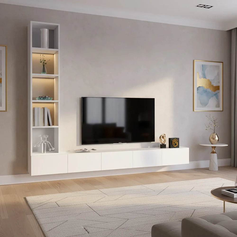 مكتبة تلفزيون جدارية مودرن بإضاءة جانبية لون ابيض