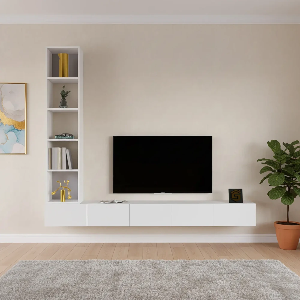 مكتبة تلفزيون جدارية مودرن بإضاءة جانبية لون ابيض