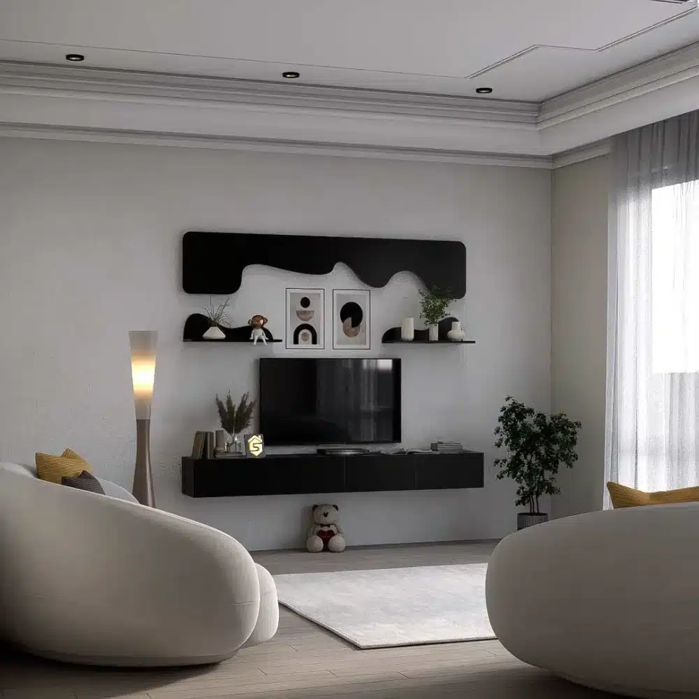 طاولة تلفزيون مودرن معلقة 200 سم لون اسود مع رف ديكور