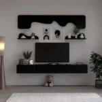 طاولة تلفزيون مودرن معلقة 200 سم لون اسود مع رف ديكور