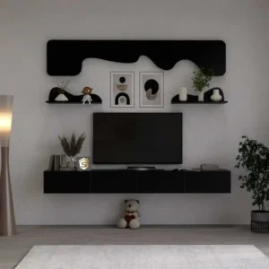 طاولة تلفزيون مودرن معلقة 200 سم لون اسود مع رف ديكور