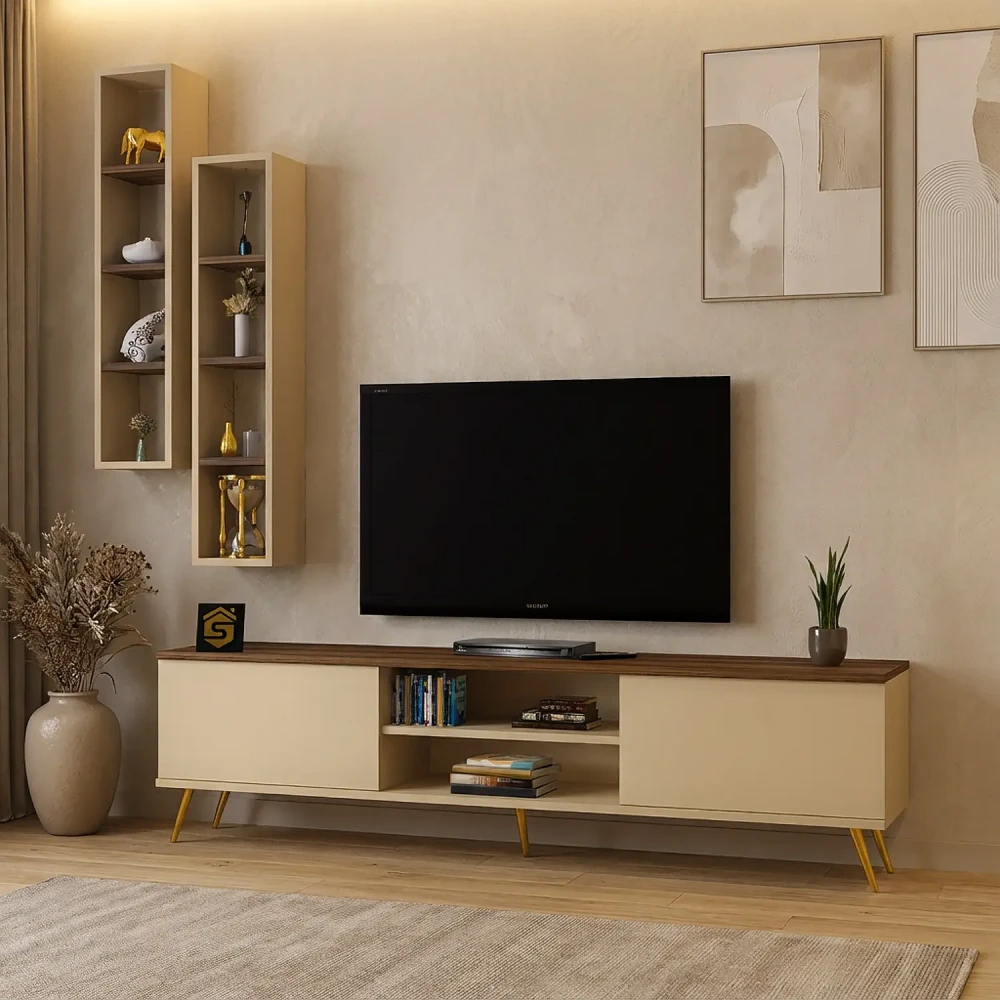 طاولة تلفاز لون بيج مع بني و وحدتين أرفف 94