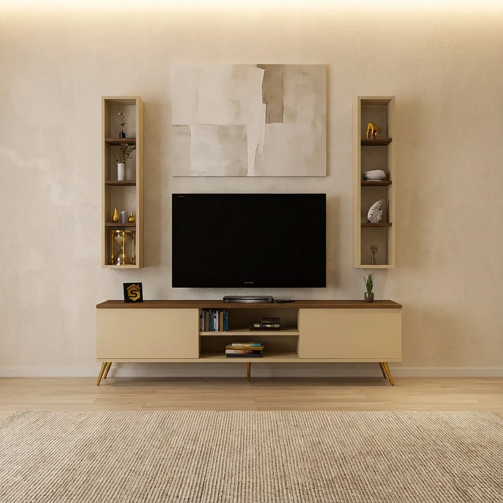 طاولة تلفاز لون بيج مع بني و وحدتين أرفف 94