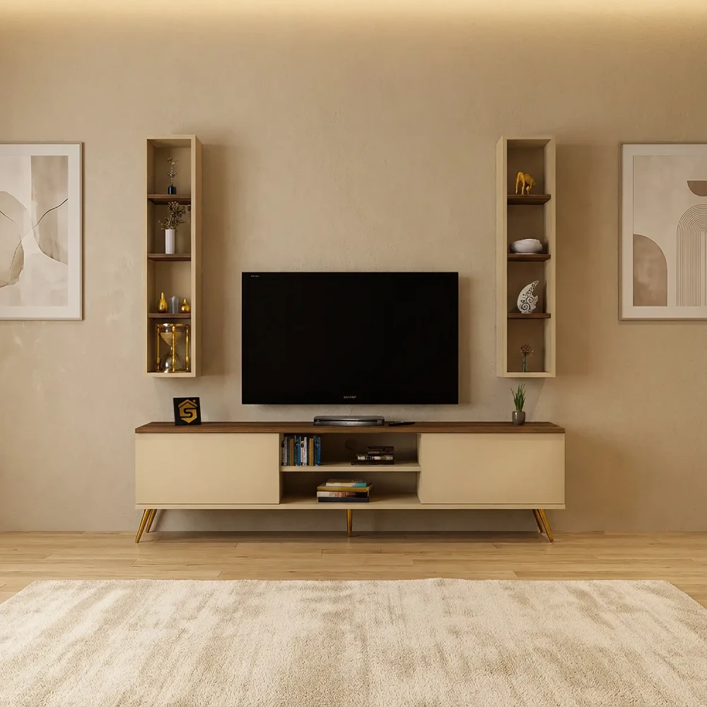 طاولة تلفاز لون بيج مع بني و وحدتين أرفف 94