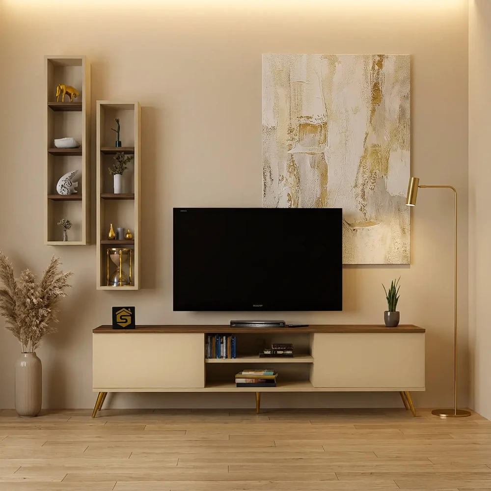طاولة تلفاز لون بيج مع بني و وحدتين أرفف 94