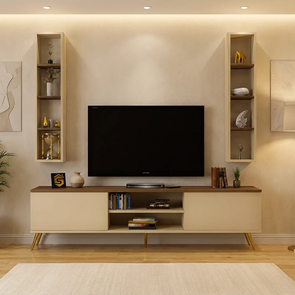 طاولة تلفاز لون بيج مع بني و وحدتين أرفف 94