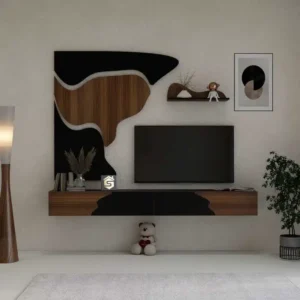 طاولة تلفزيون مودرن معلقة 200 سم أسود وبني مع 3 درف