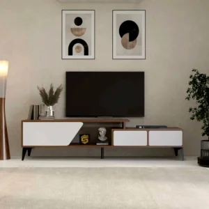 طاولة تلفزيون مودرن 180 سم بني وأبيض بدرجين ودرفة-4
