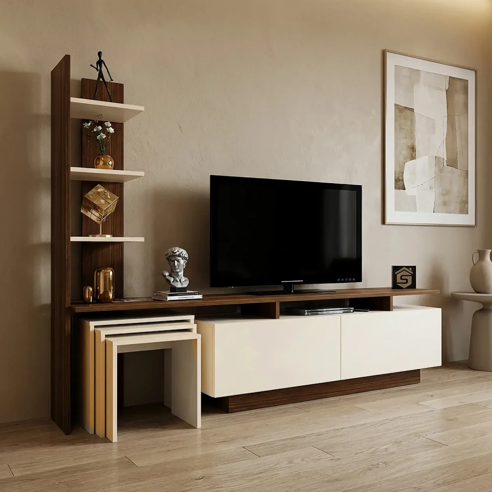 طاولة تلفزيون لون بيج مع بني 86