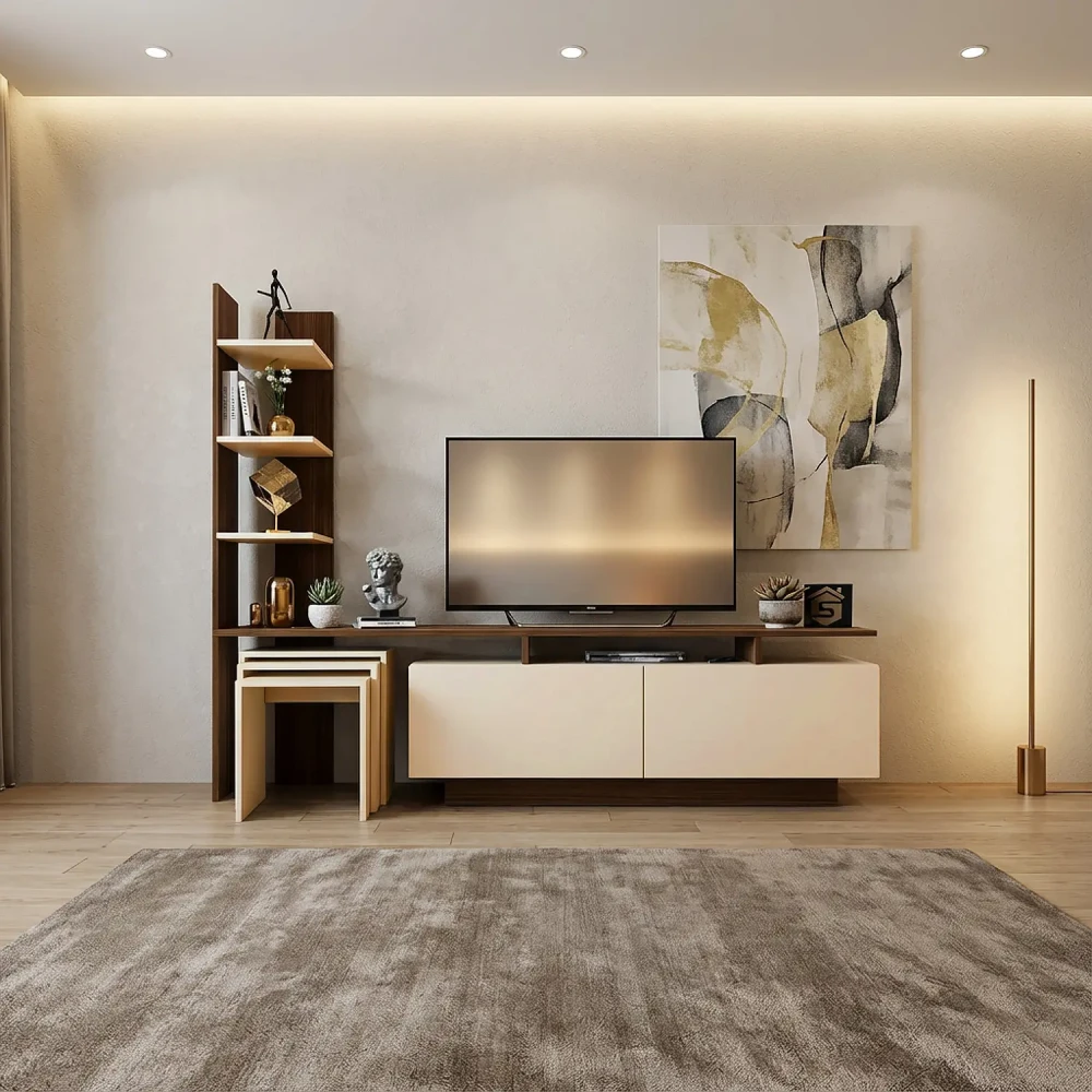 طاولة تلفزيون لون بيج مع بني 86