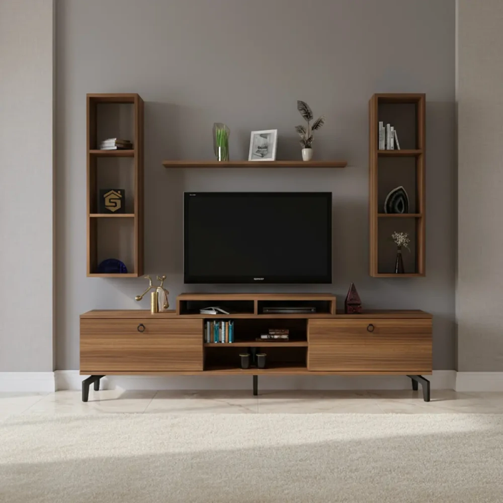 طاولة تلفزيون مع رفوف لون بني 82
