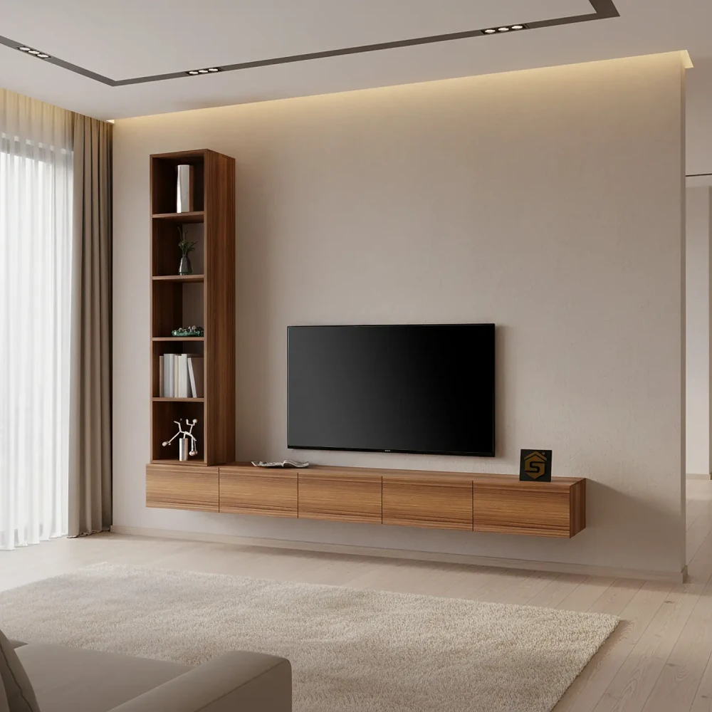 وحدة تلفزيون جدارية مع إضاءة لون بني