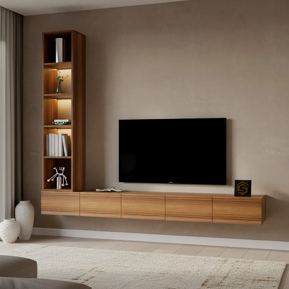 وحدة تلفزيون جدارية مع إضاءة لون بني