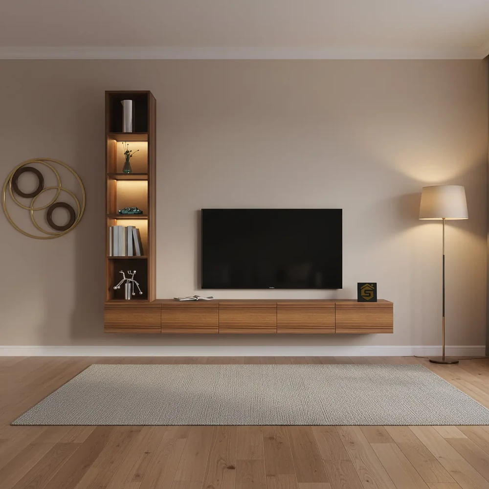 وحدة تلفزيون جدارية مع إضاءة لون بني