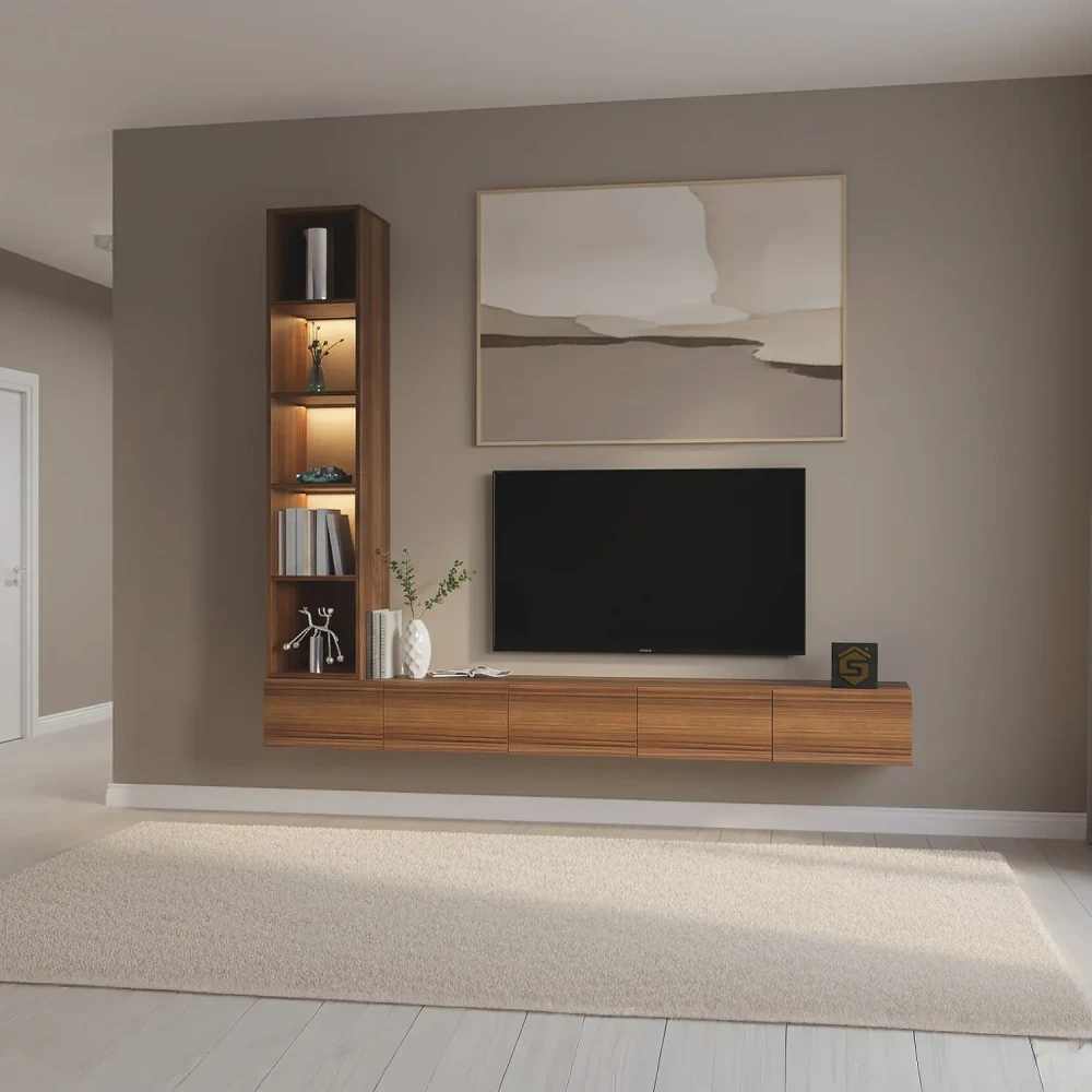 وحدة تلفزيون جدارية مع إضاءة لون بني