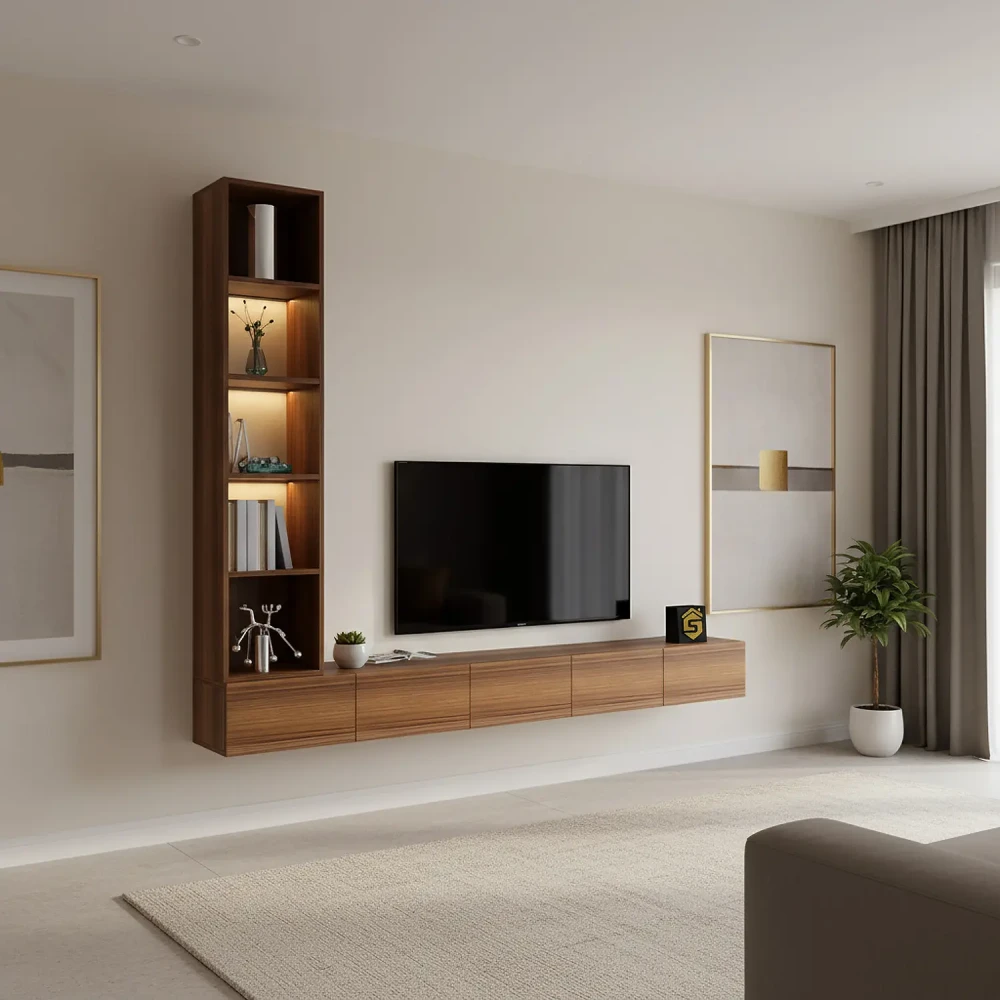 وحدة تلفزيون جدارية مع إضاءة لون بني