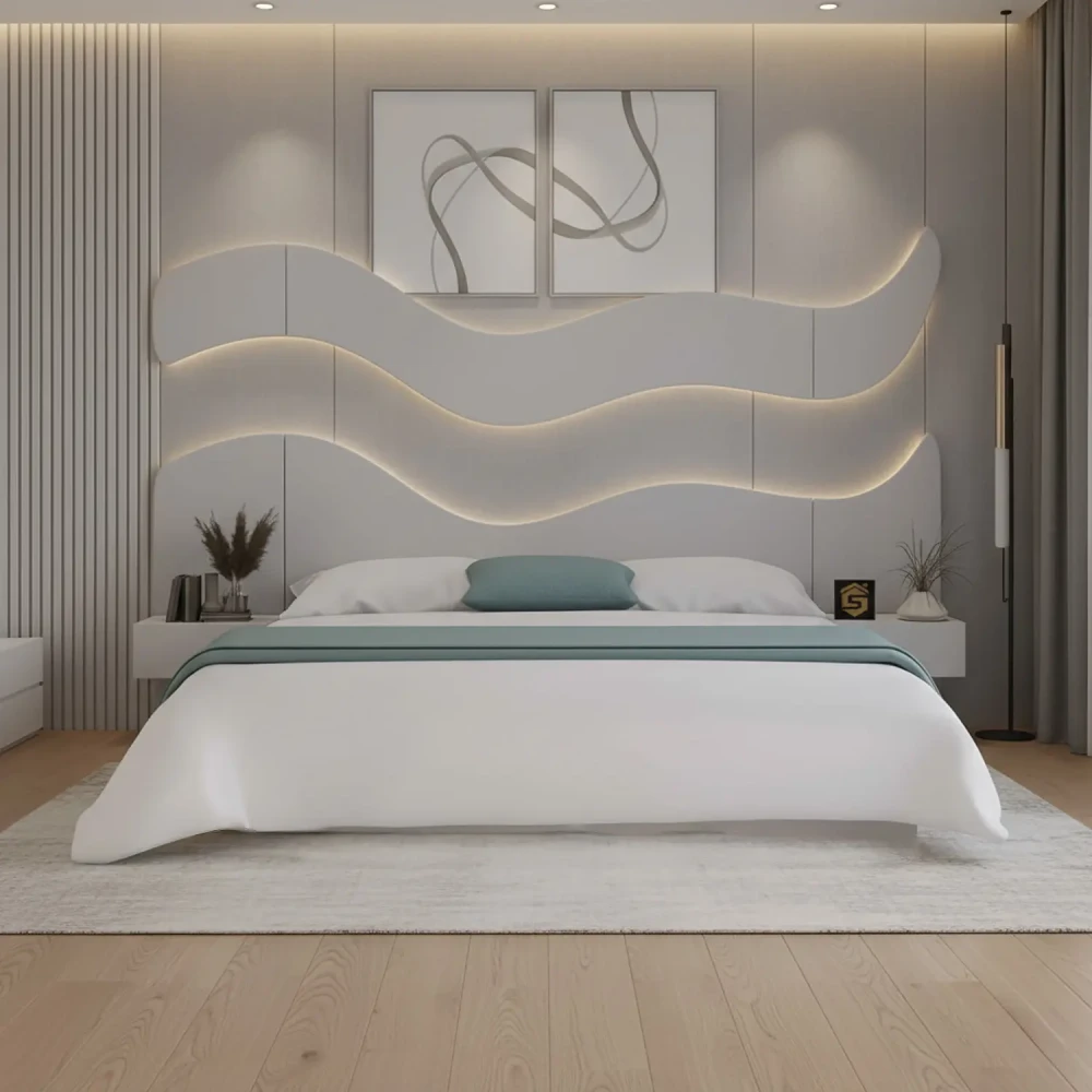 سرير مودرن 200×200 مع ديكور جداري وكومدينتين لون ابيض سرير مودرن 200×200 مع ديكور جداري وكومدينتين لون ابيض