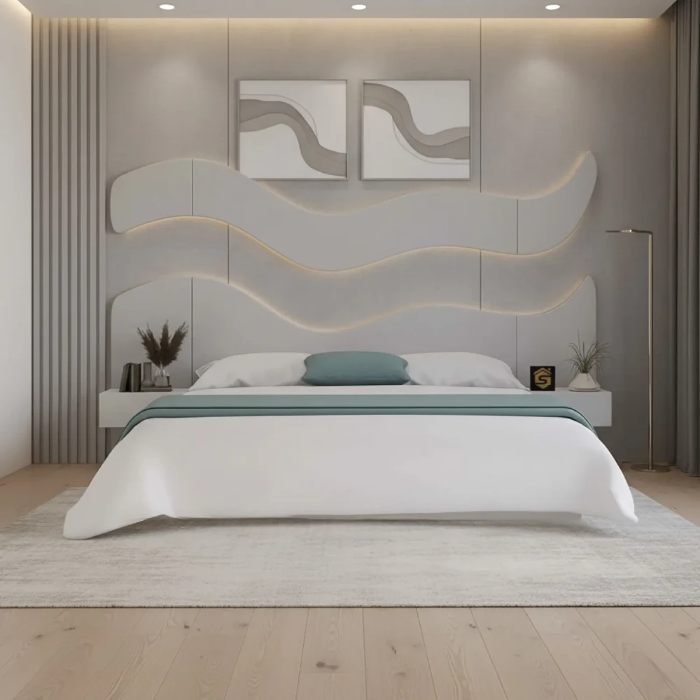 سرير مودرن 200×200 مع ديكور جداري وكومدينتين لون ابيض
