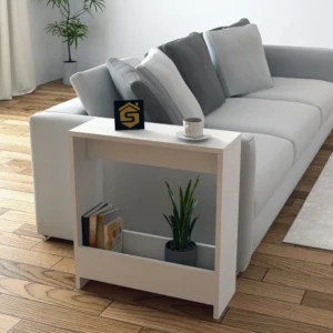 طاولة جانبية مودرن بيضاء للأريكة مع رف تخزين سفلي