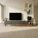 طاولة تلفزيون خشب بني ورمادي تصميم حديث مناسب للديكور العصري